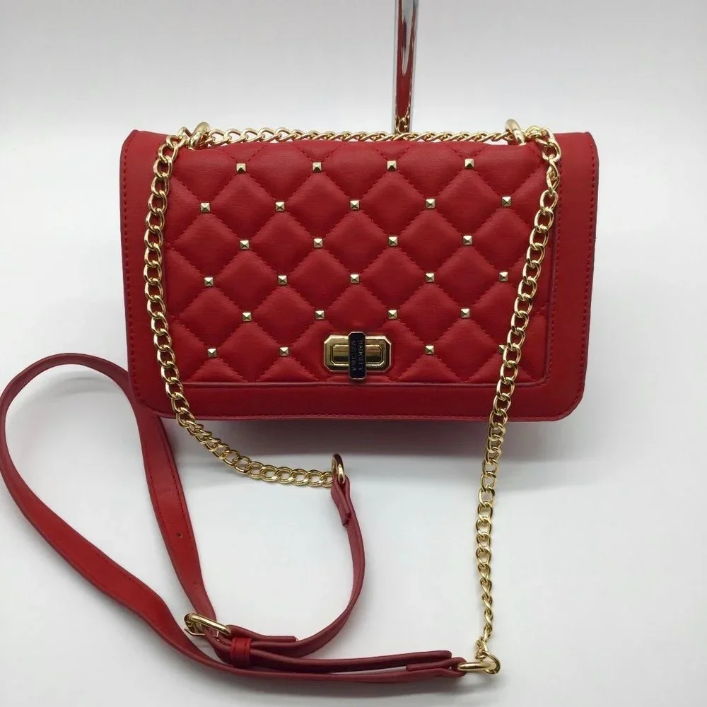 Badgley Mischka Red Quilted Flap Faux Leather Purse